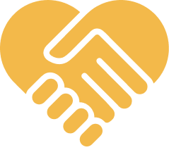 A golden heart shape formed by two hands shaking, with white outlines defining the hands.