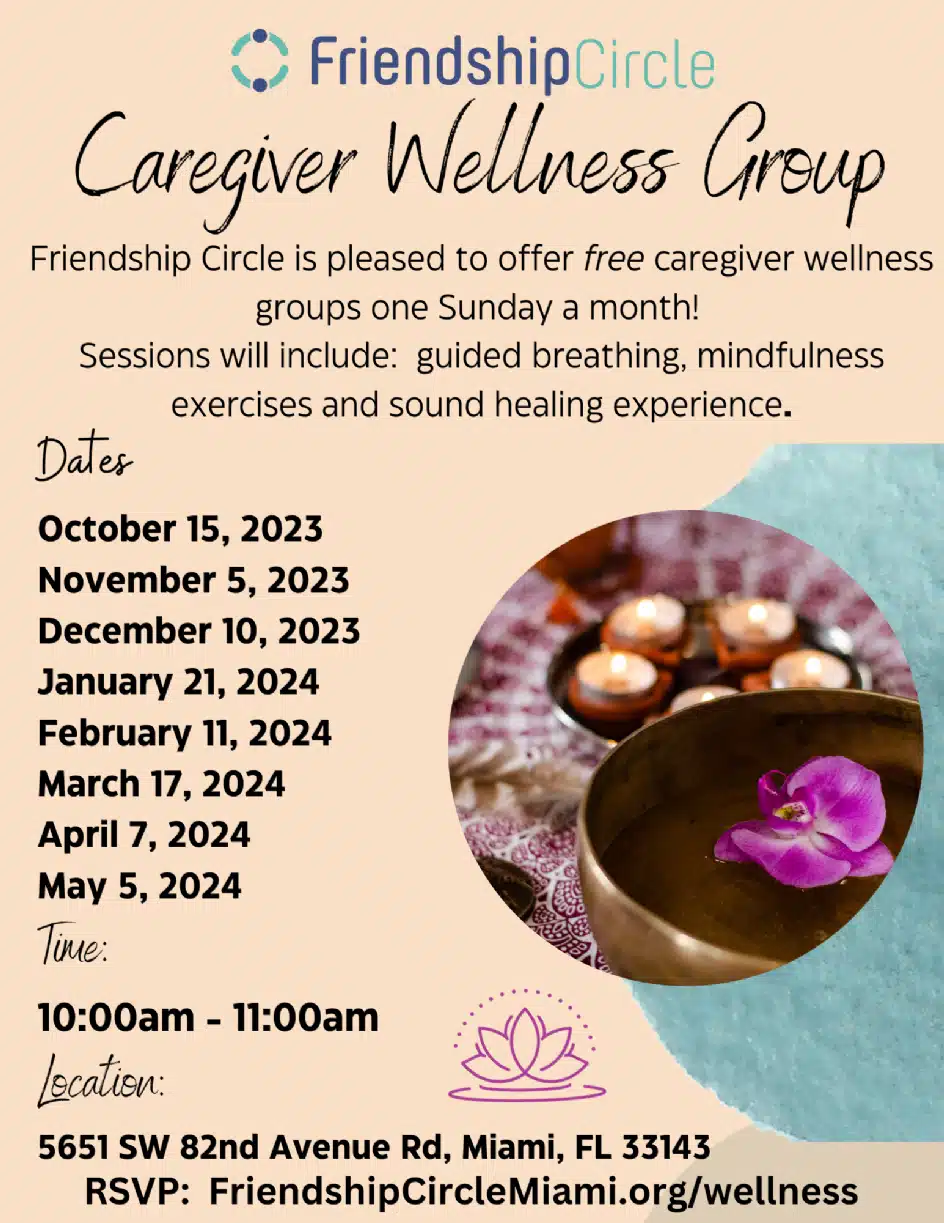 "Friendship Circle Caregiver Wellness Group" flyer with dates and a photo of candles and a floating purple orchid.