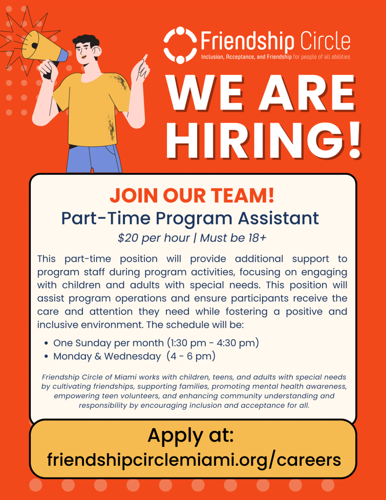 An orange "WE ARE HIRING!" poster with a person holding a megaphone and "Friendship Circle" logo.